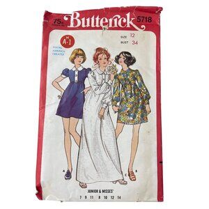 60s Butterick 5718 Sewing Pattern Size 12 Junior One Piece Dress Vintage CUT